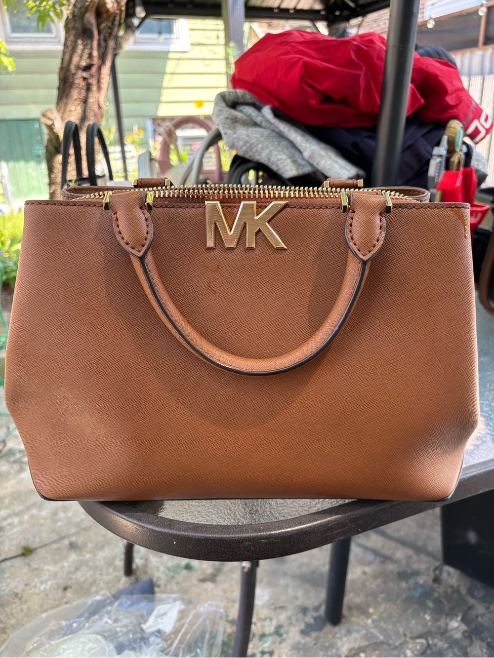 Michael Kors Tan Leather Satchel with Gold MK Logo